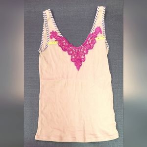 Free People Tan Cami magenta embroidered collar blue stitch detail